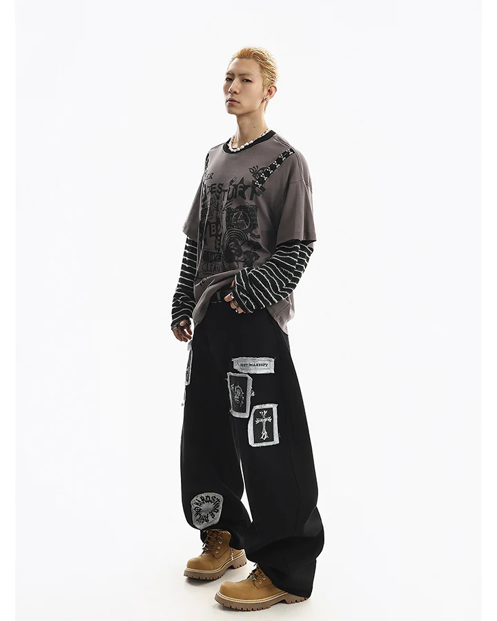 Gray-Black Distressed Graffiti Layered Sweatshirts - Image 6