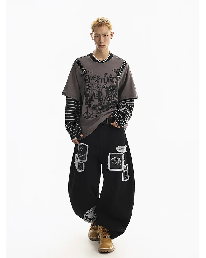Gray-Black Distressed Graffiti Layered Sweatshirts - Image 7