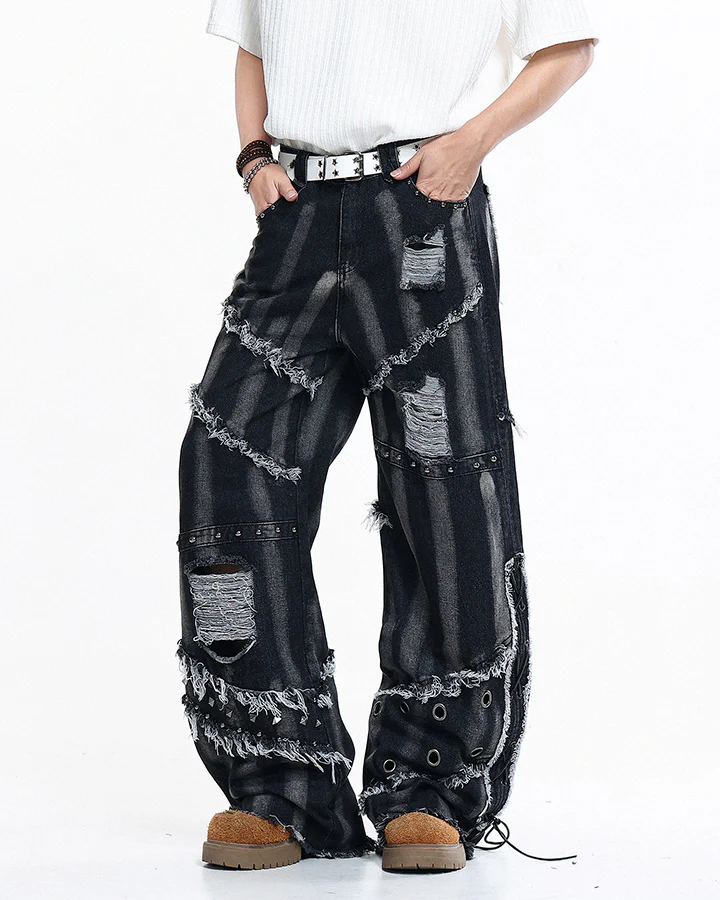 Heavy Distressed Washed Denim Jeans - Image 2
