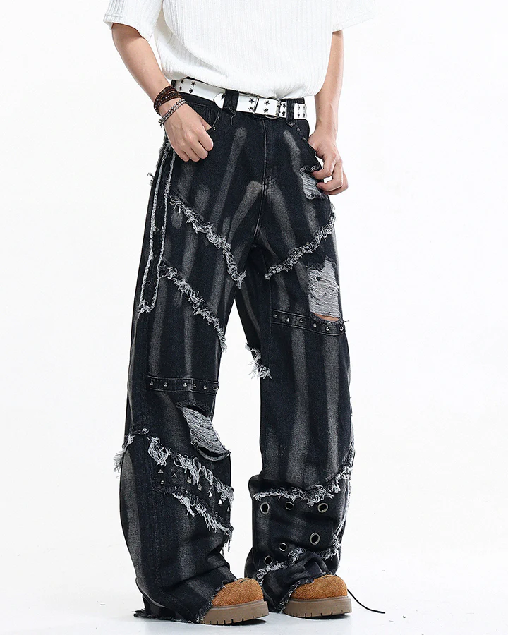 Heavy Distressed Washed Denim Jeans - Image 4