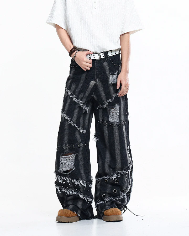 Heavy Distressed Washed Denim Jeans - Image 7