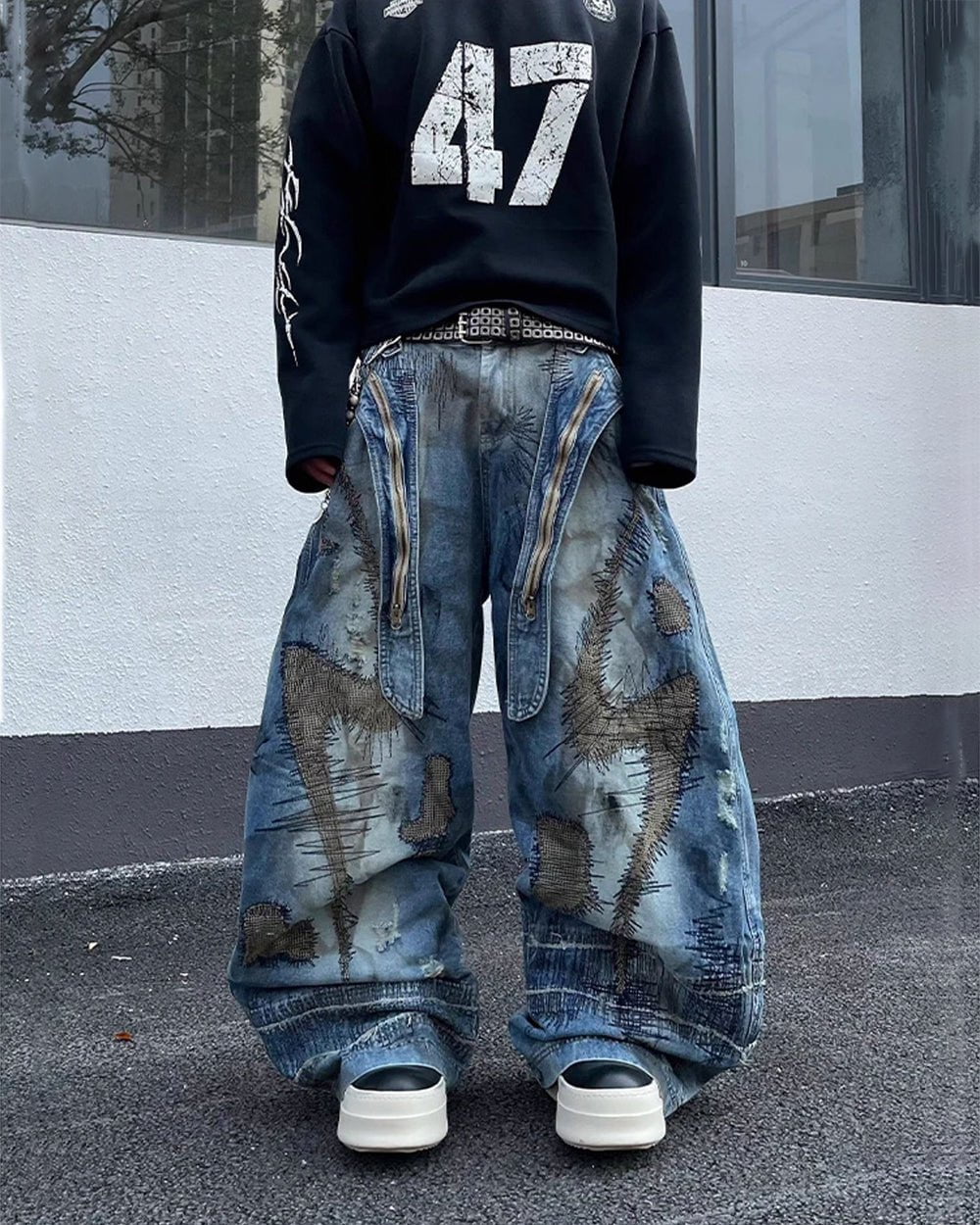 Heavy Stitch Patchwork Wide-Leg Jeans - Image 3
