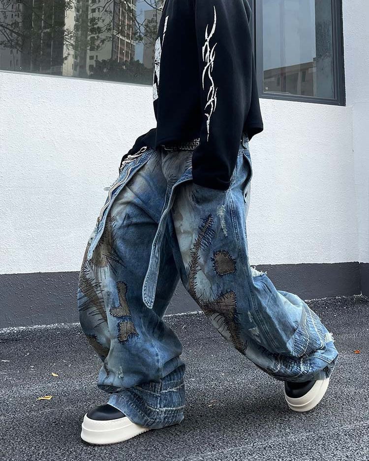 Heavy Stitch Patchwork Wide-Leg Jeans - Image 5
