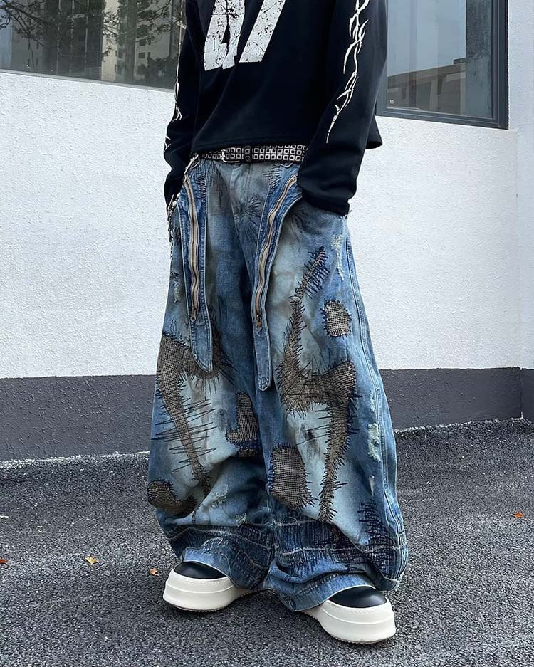 Heavy Stitch Patchwork Wide-Leg Jeans - Image 6