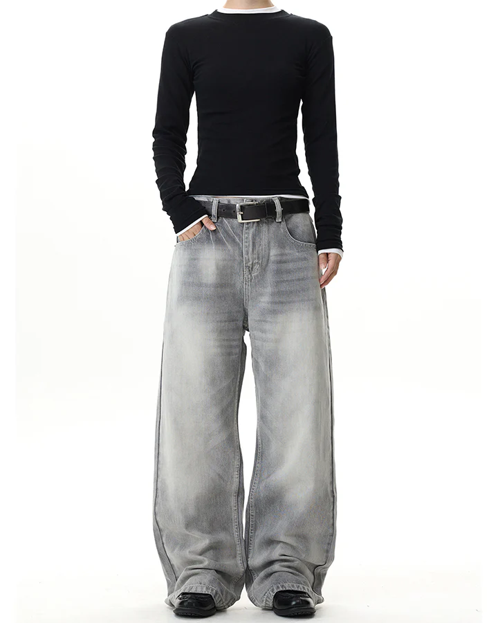 Heavy Washed Spray Vintage Wide Leg Jeans - Image 2