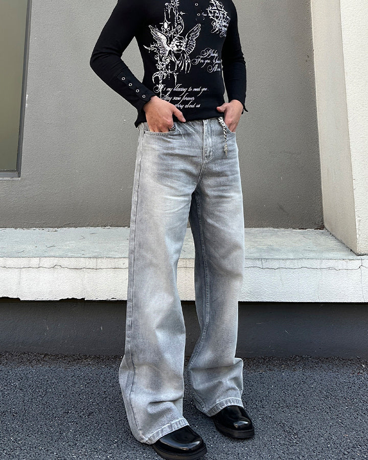 Heavy Washed Spray Vintage Wide Leg Jeans - Image 8