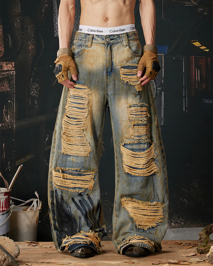High-Street Distressed Curved-Leg Denim Jeans - Image 2