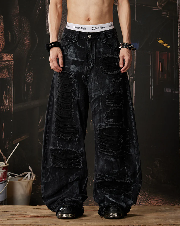 High-Street Distressed Curved-Leg Denim Jeans - Image 4