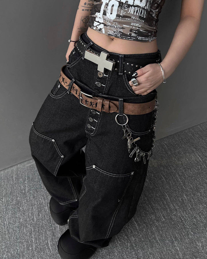 High Street Double Waistband Patchwork Pants - Image 2