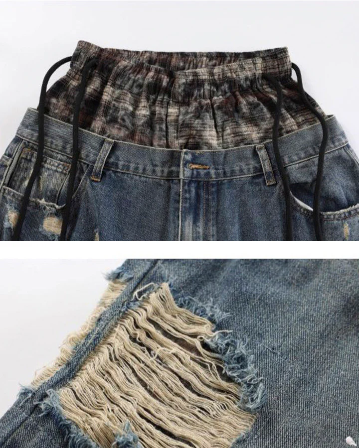 Hip-Hop Patchwork Plaid Layered Denim Pants - Image 10