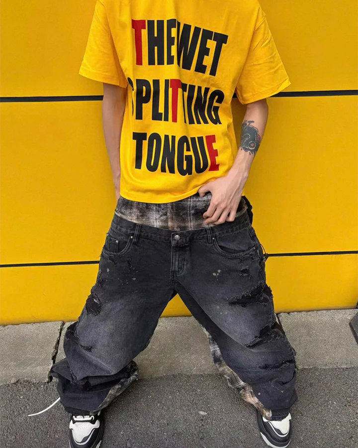 Hip-Hop Patchwork Plaid Layered Denim Pants - Image 2