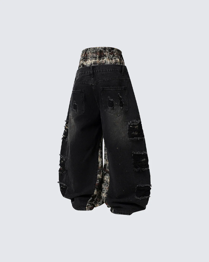 Hip-Hop Patchwork Plaid Layered Denim Pants - Image 3