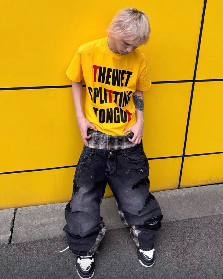 Hip-Hop Patchwork Plaid Layered Denim Pants - Image 4