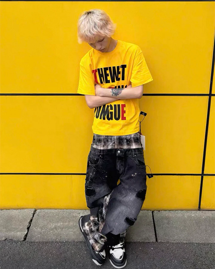 Hip-Hop Patchwork Plaid Layered Denim Pants - Image 5