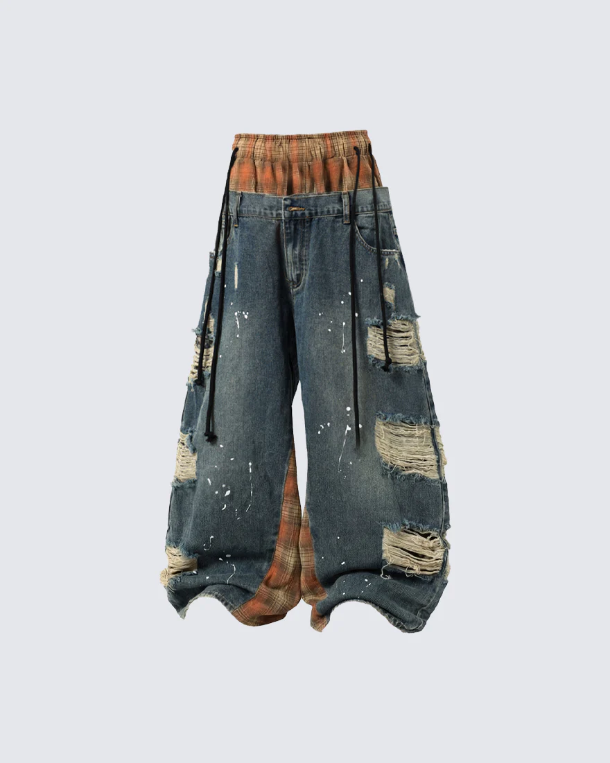 Hip-Hop Patchwork Plaid Layered Denim Pants - Image 6