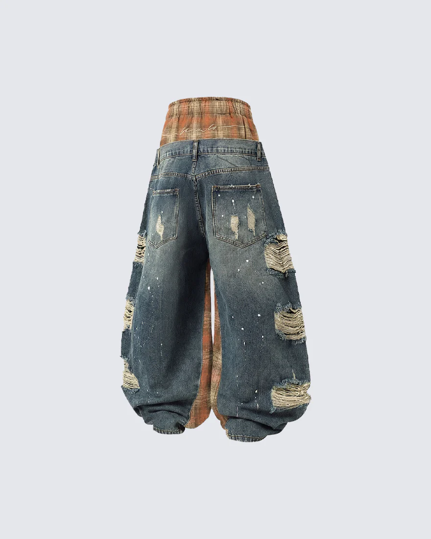 Hip-Hop Patchwork Plaid Layered Denim Pants - Image 7
