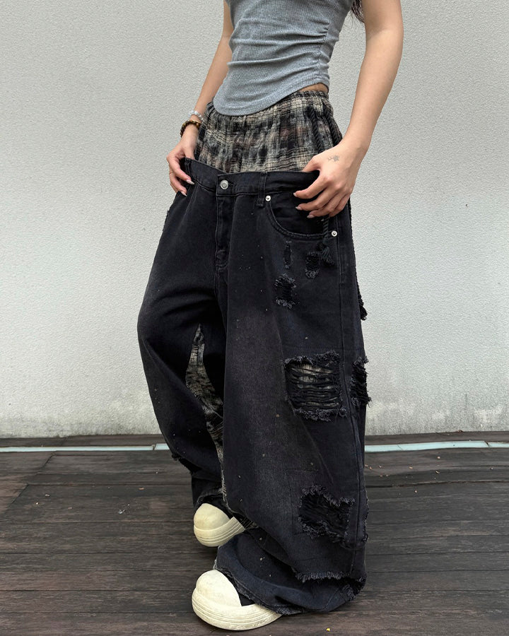 Hip-Hop Patchwork Plaid Layered Denim Pants - Image 8