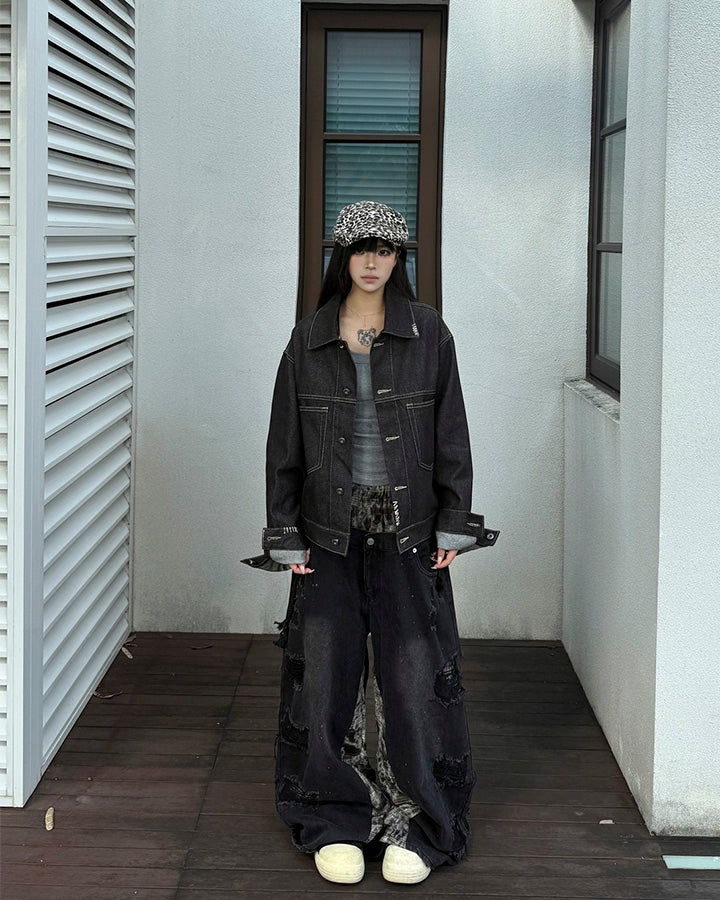 Hip-Hop Patchwork Plaid Layered Denim Pants - Image 9