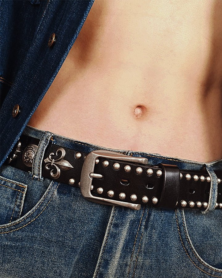Hip-hop Style Belt with Metal Rivets and Cowhide - Image 2
