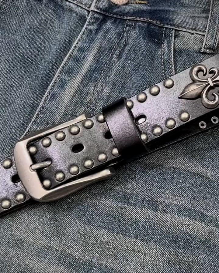 Hip-hop Style Belt with Metal Rivets and Cowhide - Image 3