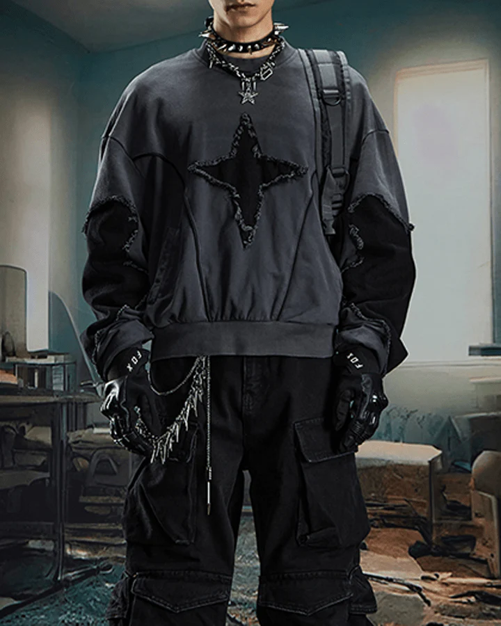 Distressed Star Patchwork Oversized Sweatshirt - Image 4