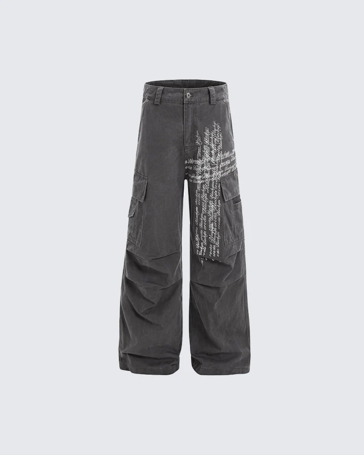 Cross Letter Print Wide-Leg Cargo Pants - Image 14