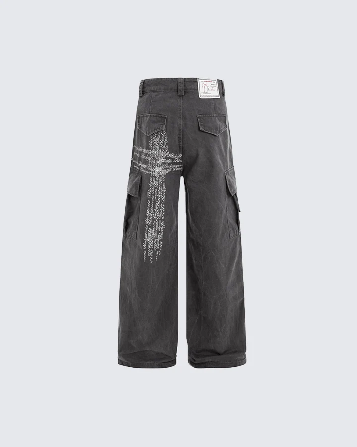 Cross Letter Print Wide-Leg Cargo Pants - Image 3