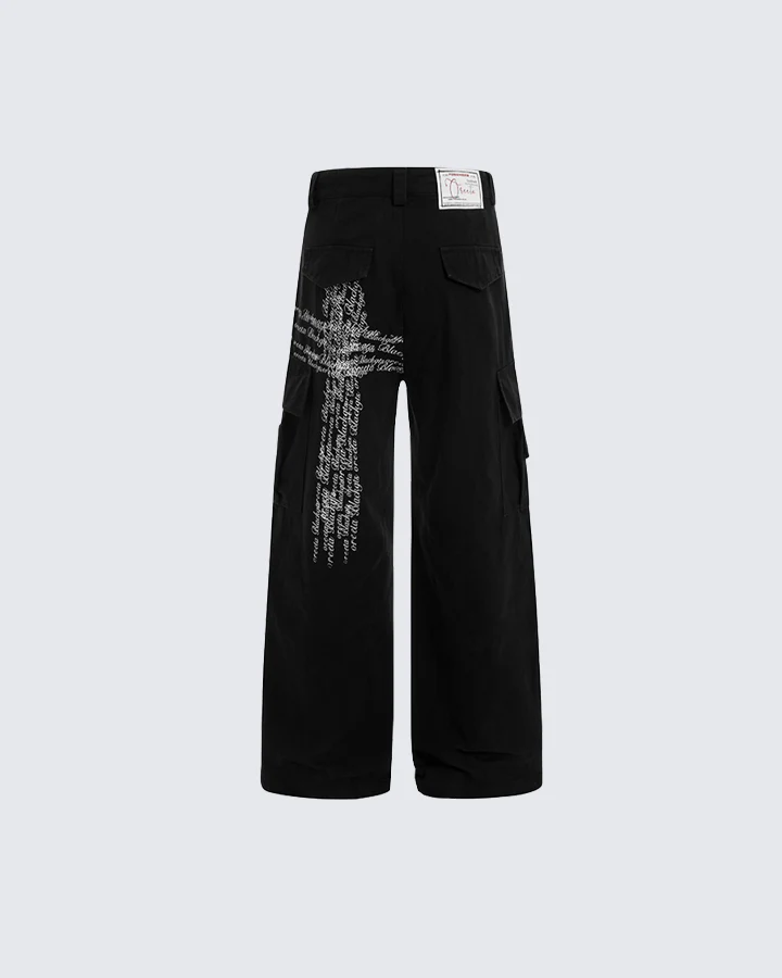 Cross Letter Print Wide-Leg Cargo Pants - Image 4