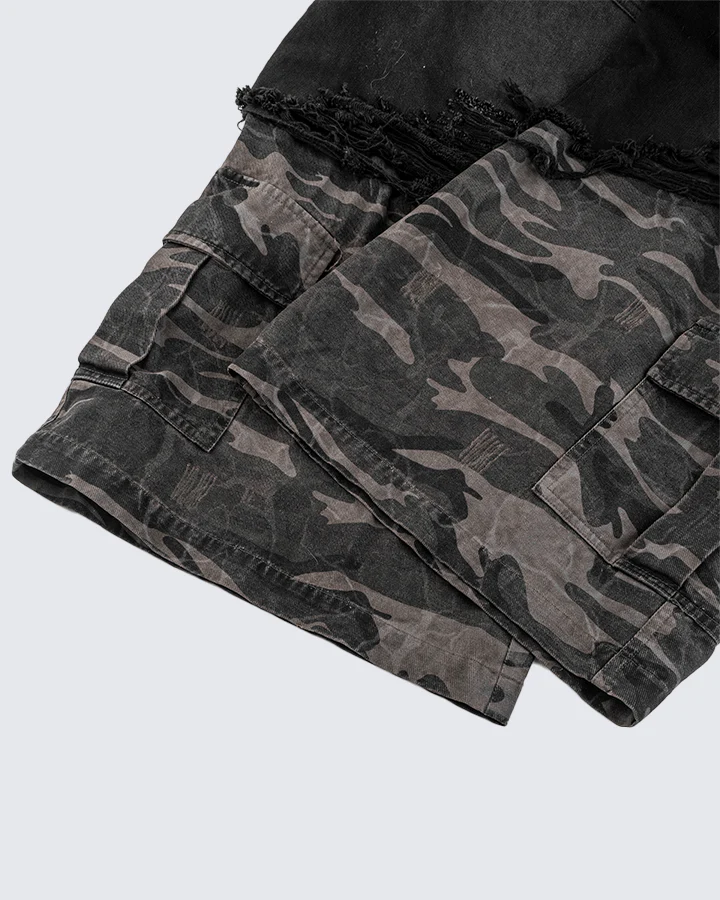 Double-Waist Camo Patchwork Distressed Wide-Leg Pants - Image 12
