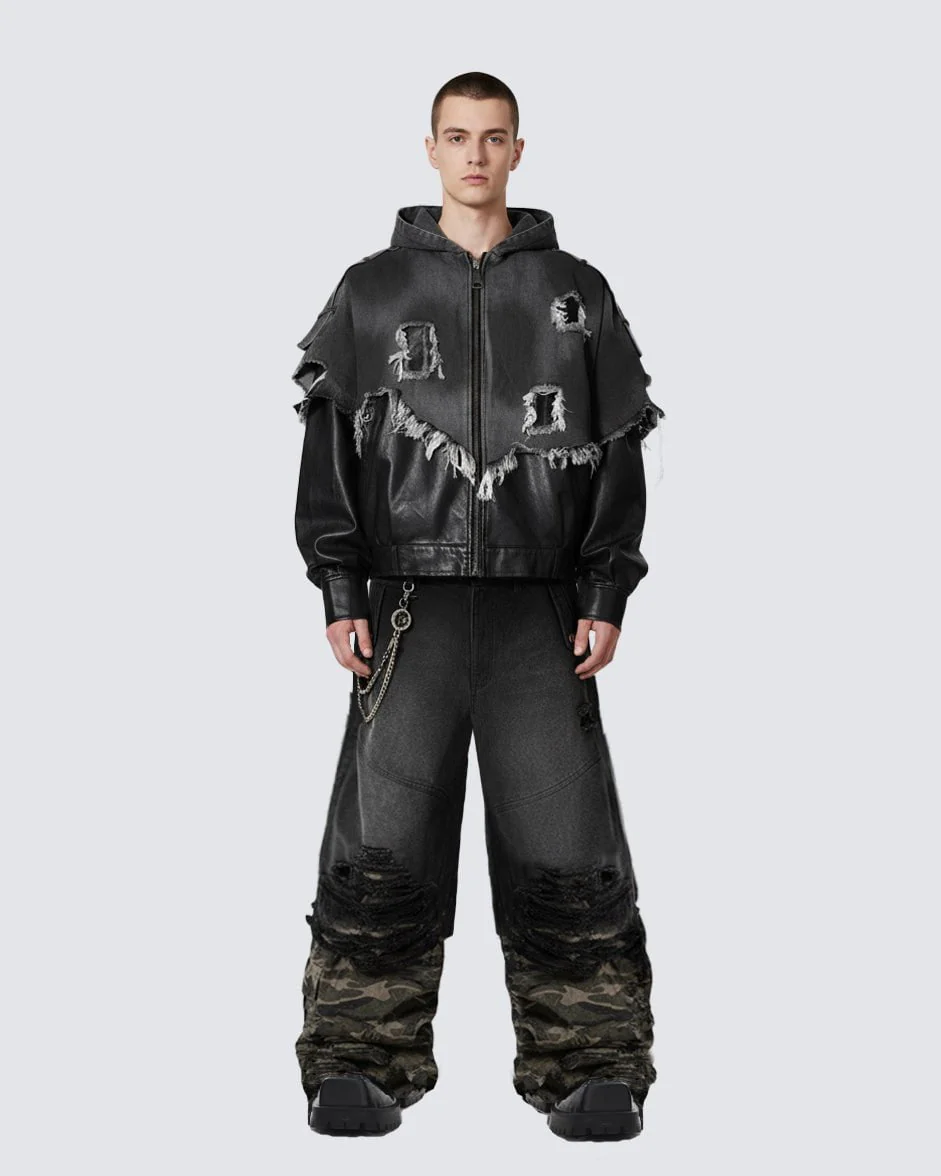 Double-Waist Camo Patchwork Distressed Wide-Leg Pants - Image 2