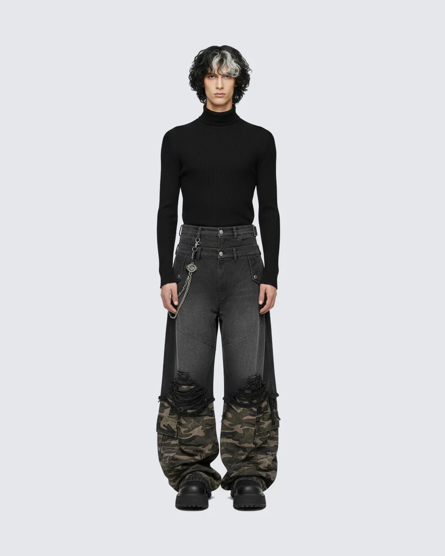 Double-Waist Camo Patchwork Distressed Wide-Leg Pants - Image 3