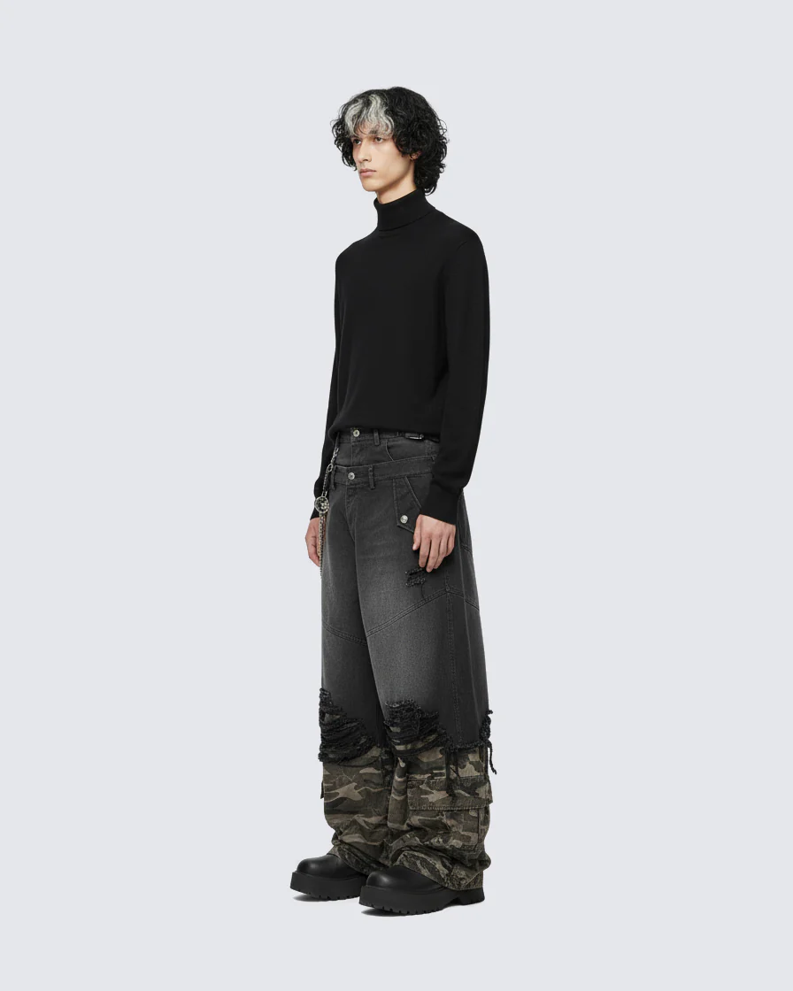 Double-Waist Camo Patchwork Distressed Wide-Leg Pants - Image 4