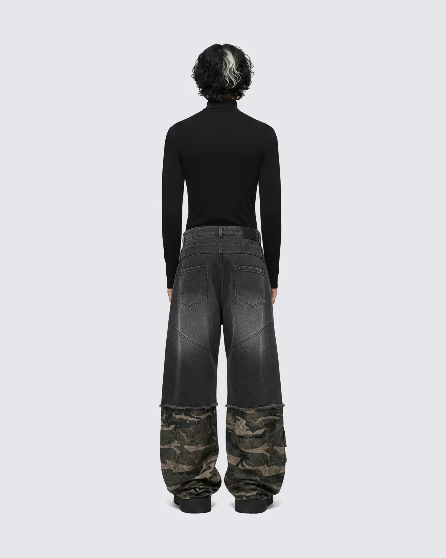 Double-Waist Camo Patchwork Distressed Wide-Leg Pants - Image 5