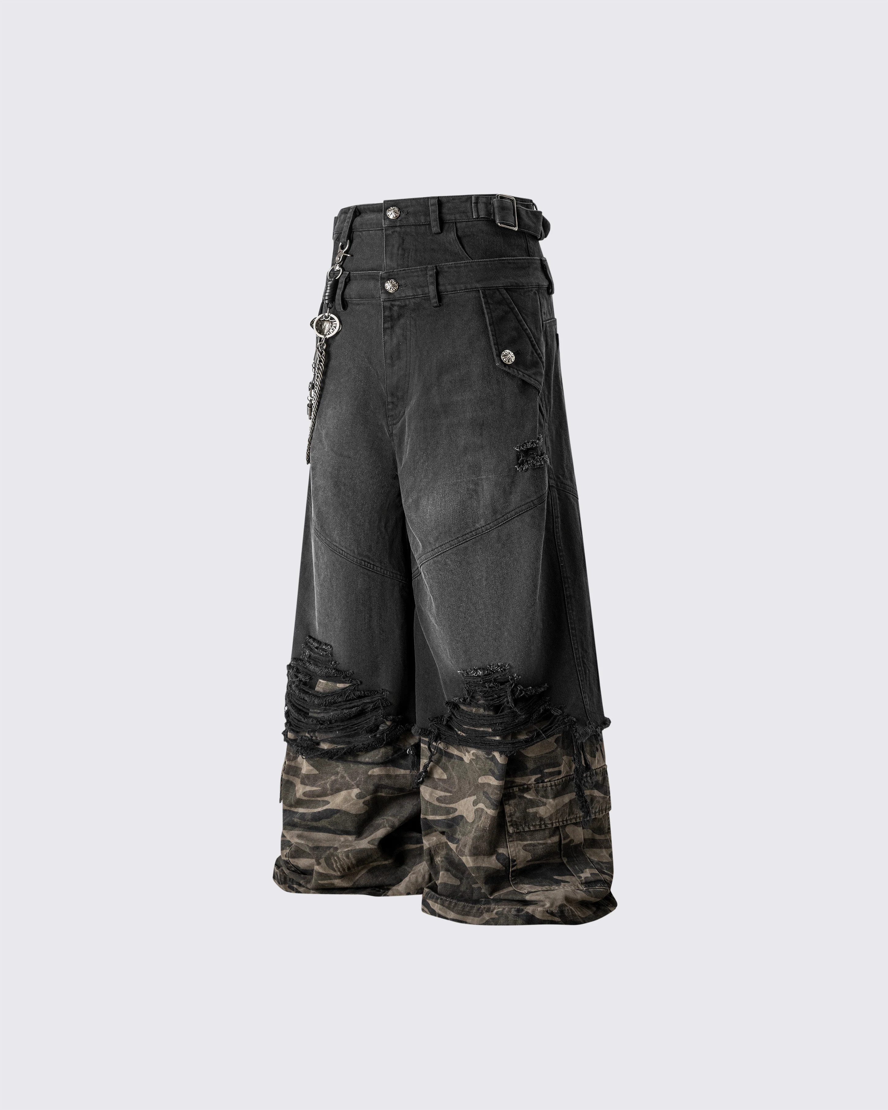 Double-Waist Camo Patchwork Distressed Wide-Leg Pants - Image 6