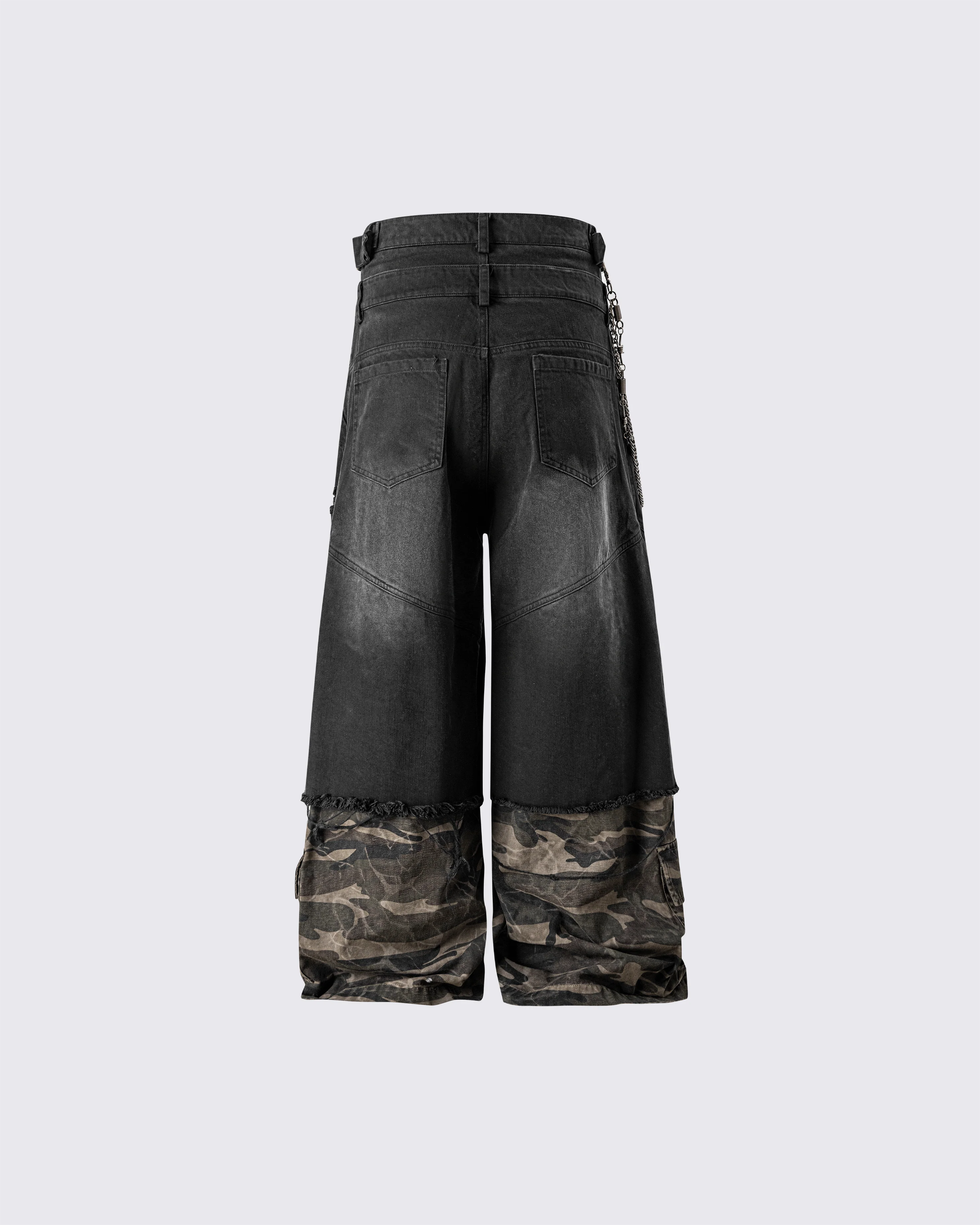 Double-Waist Camo Patchwork Distressed Wide-Leg Pants - Image 7