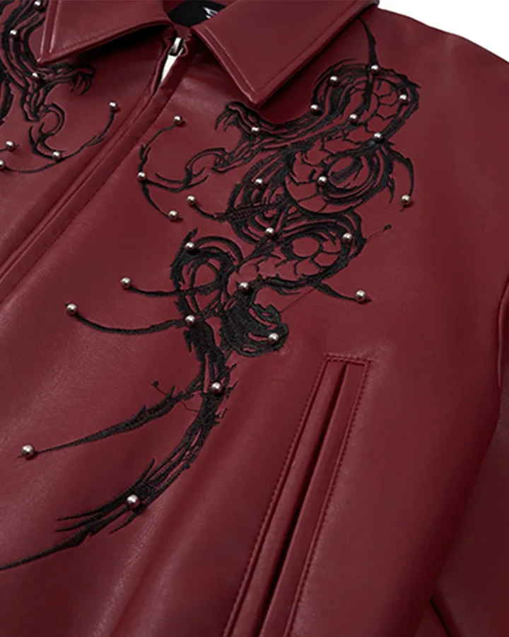 Embroidered Faux Leather Moto Jacket - Image 3