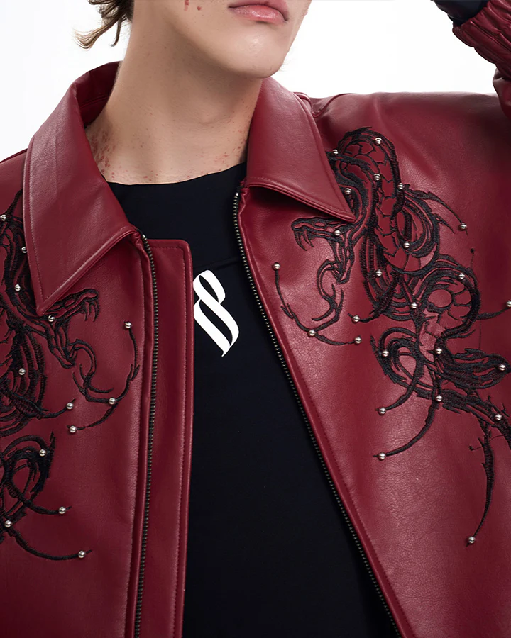 Embroidered Faux Leather Moto Jacket - Image 4