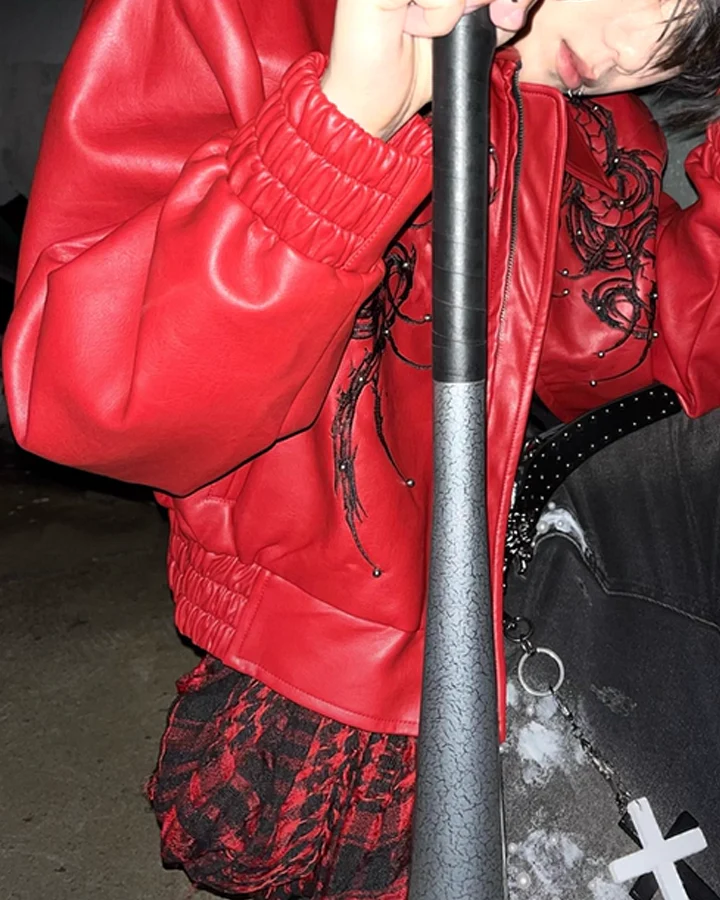 Embroidered Faux Leather Moto Jacket - Image 5
