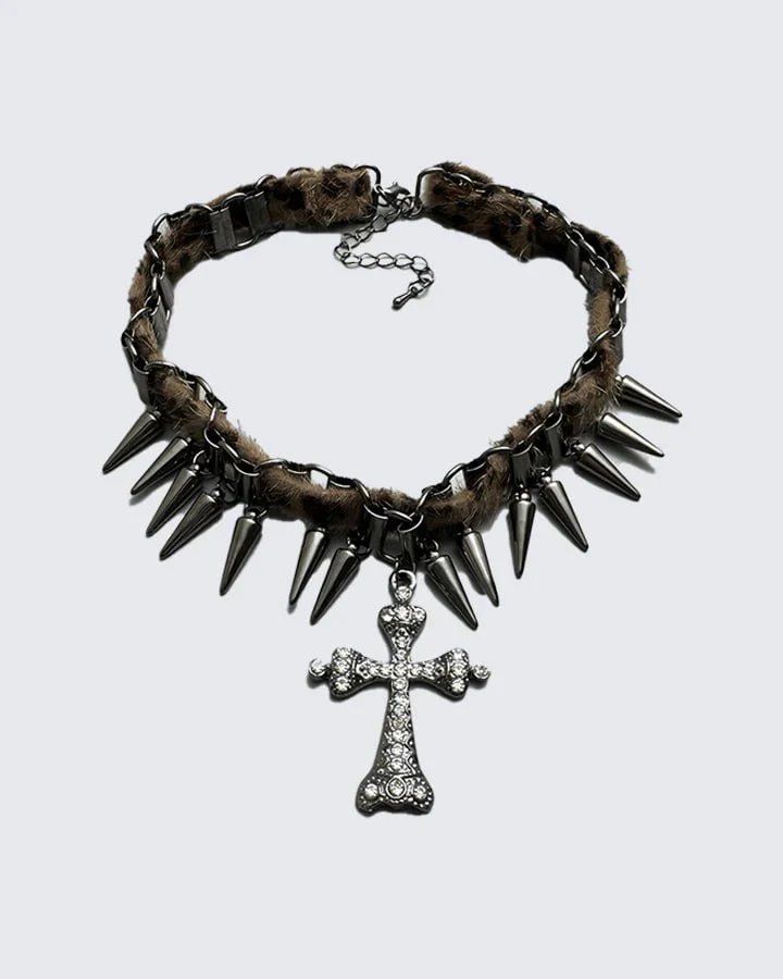 Faux Fur Spiked Cross Pendant Punk Choker - Image 2