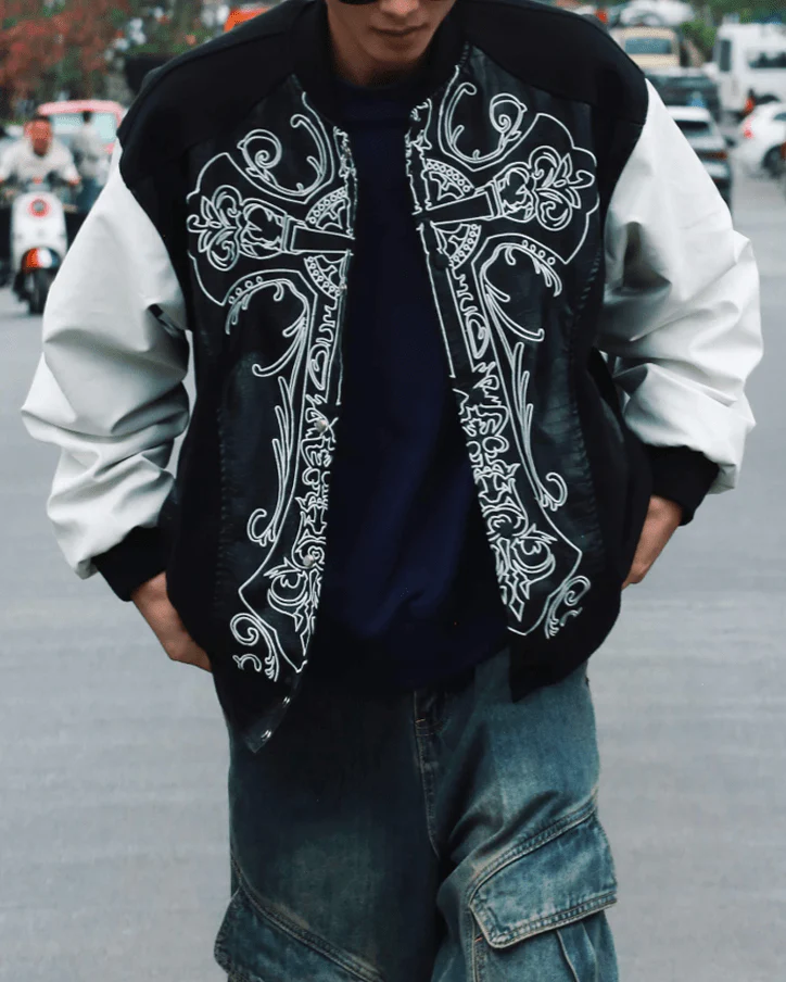 Gothic Cross Embroidered Faux Leather Varsity Jacket - Image 11