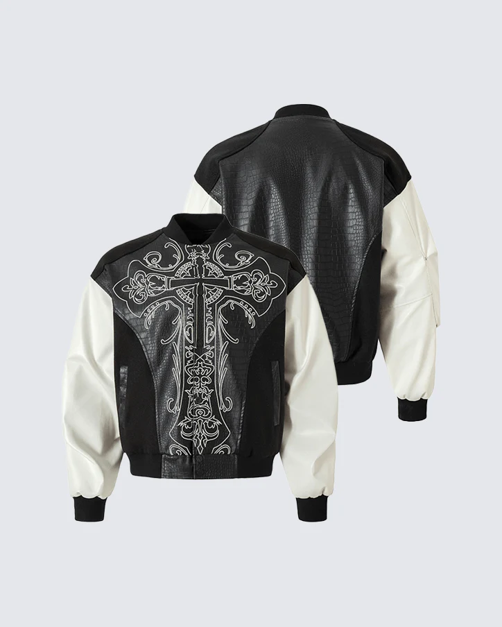 Gothic Cross Embroidered Faux Leather Varsity Jacket - Image 2