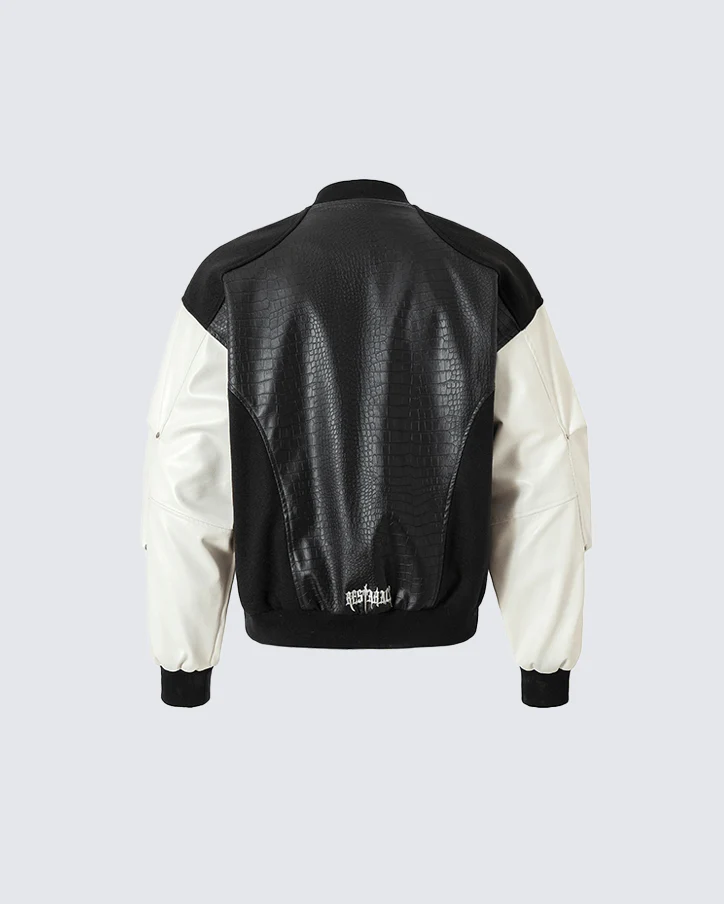 Gothic Cross Embroidered Faux Leather Varsity Jacket - Image 3