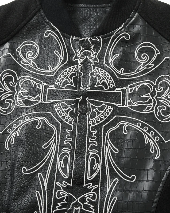 Gothic Cross Embroidered Faux Leather Varsity Jacket - Image 8