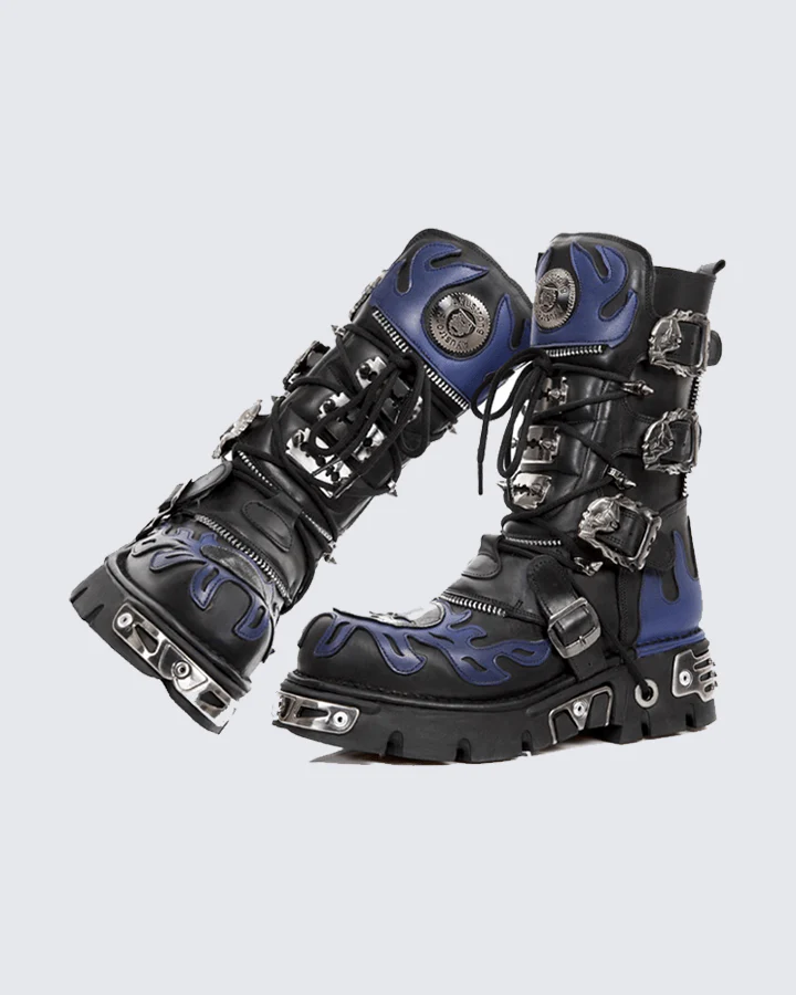 Flame Buckle Decor Gothic Combat Platform Boots - Image 3