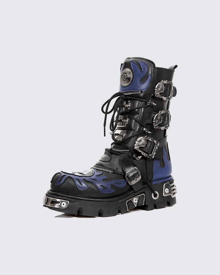 Flame Buckle Decor Gothic Combat Platform Boots - Image 4