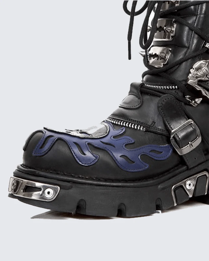 Flame Buckle Decor Gothic Combat Platform Boots - Image 5