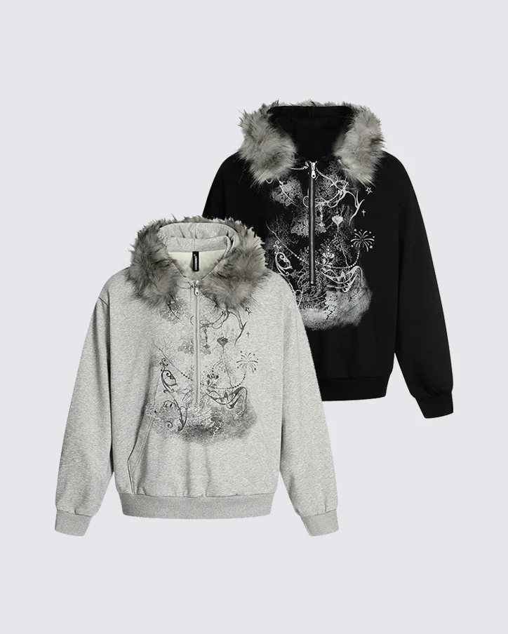 Lightweight Fuzzy Printed Half-Zip Cropped Hoodie - Image 11