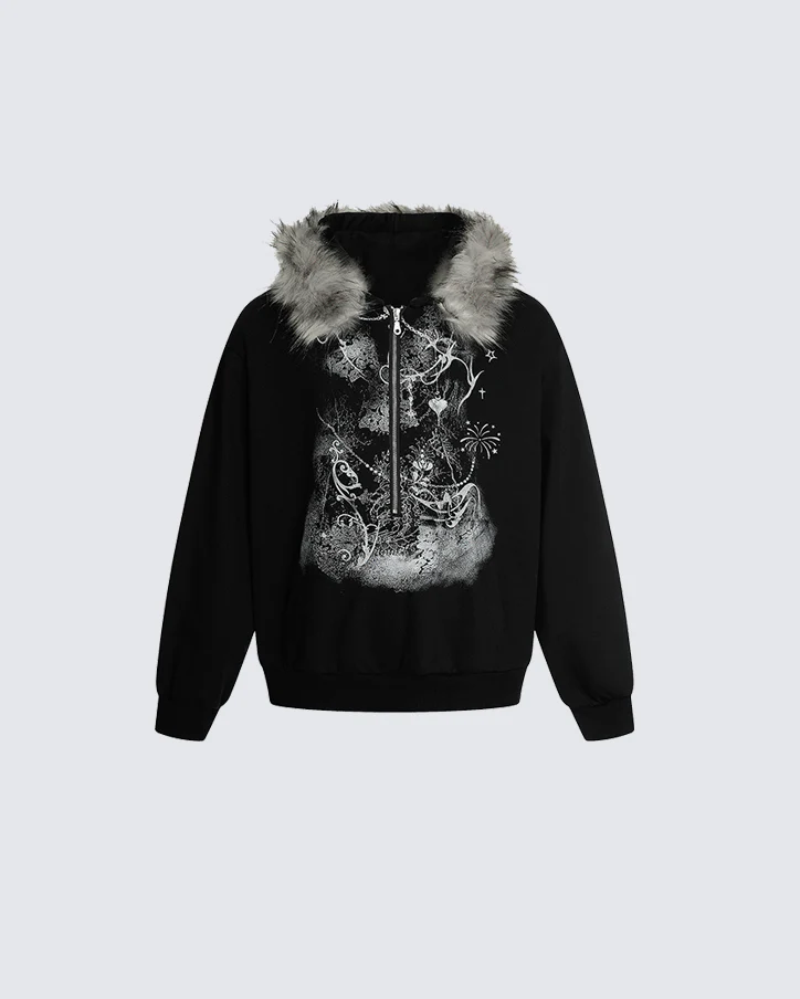 Lightweight Fuzzy Printed Half-Zip Cropped Hoodie - Image 9