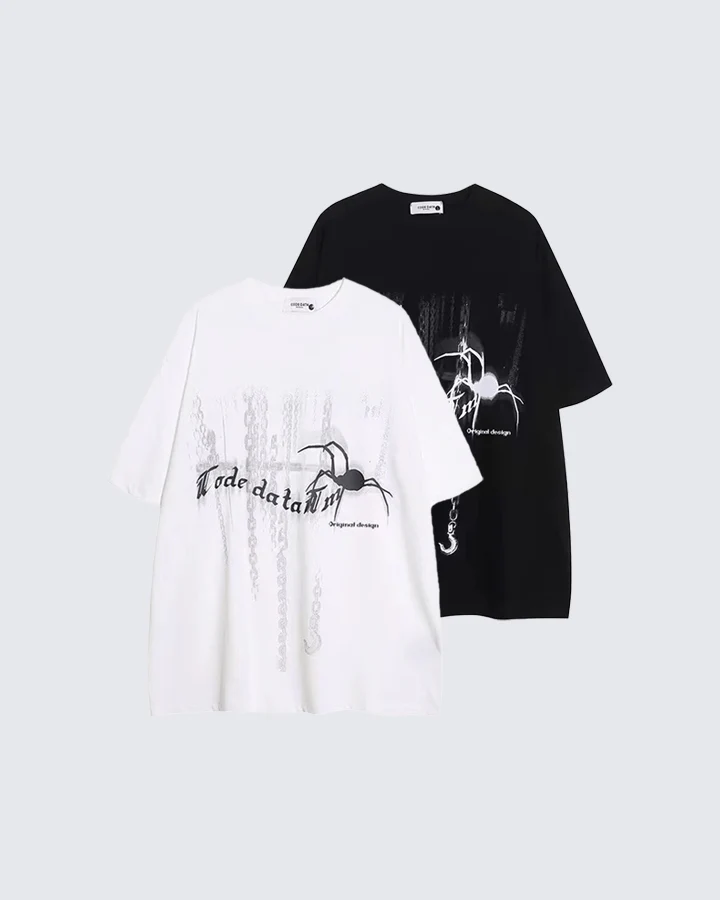Gothic Chain Print Oversized Black T-Shirt - Image 2