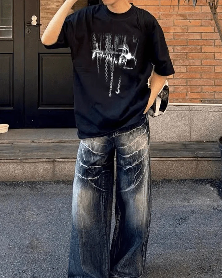Gothic Chain Print Oversized Black T-Shirt - Image 9